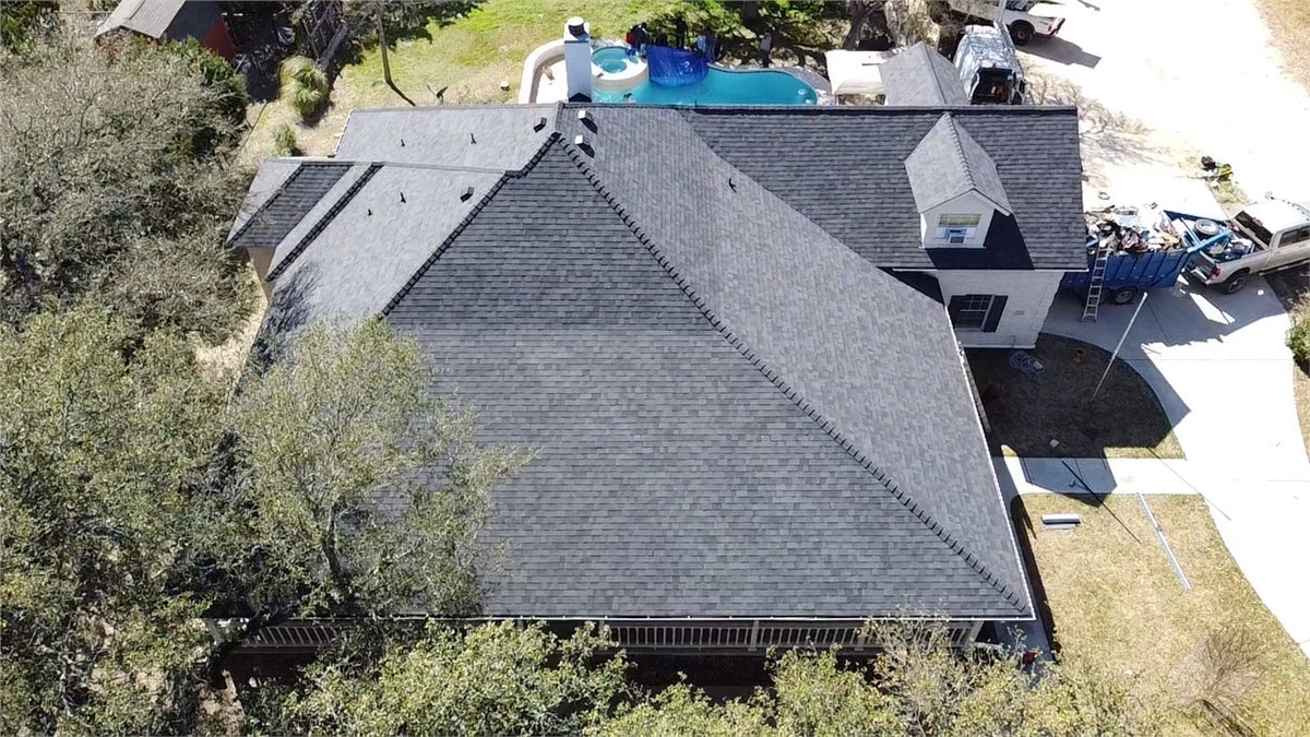 Aerial view of a completed shingle roof